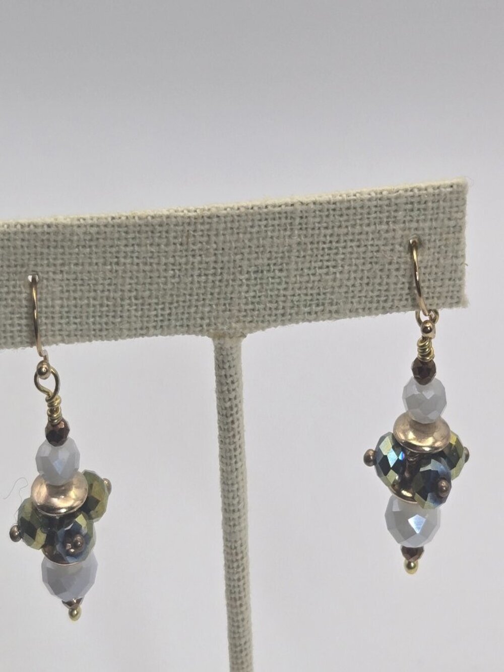 Faceted Bead Dangle Earring Oil Stain & Pearly with Gold Tones Handmade Item E27